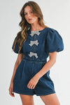 Rhinestone Bow Puff Sleeve Denim Romper