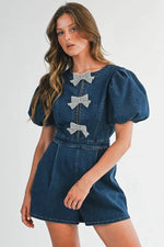 Rhinestone Bow Puff Sleeve Denim Romper