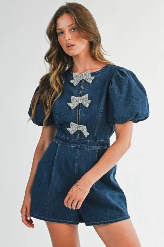 Rhinestone Bow Puff Sleeve Denim Romper