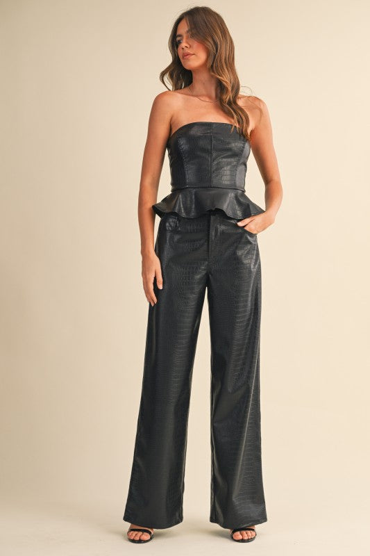 FAUX ANIMAL PRINTED LEATHER PEPLUM TOP AND Pant set