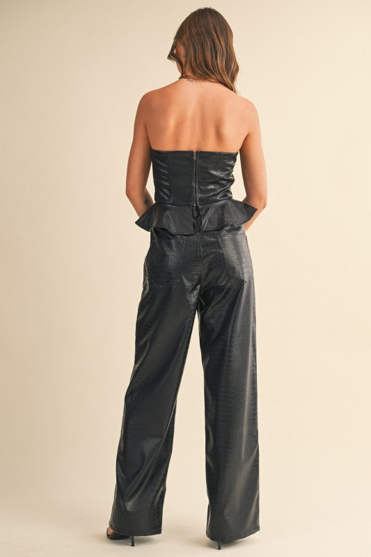 FAUX ANIMAL PRINTED LEATHER PEPLUM TOP AND Pant set