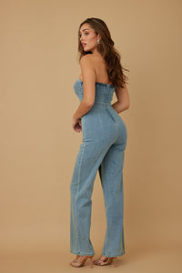 Double Flap Rhinestone Trim Strapless Denim Jumpsuit