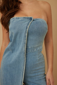 Double Flap Rhinestone Trim Strapless Denim Jumpsuit