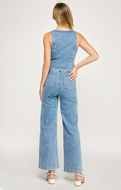 Denim Rope Detail Vest And Pocket Wide Pants Set