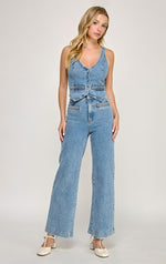 Denim Rope Detail Vest And Pocket Wide Pants Set