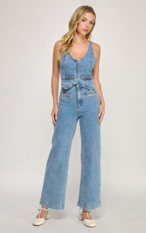 Denim Rope Detail Vest And Pocket Wide Pants Set
