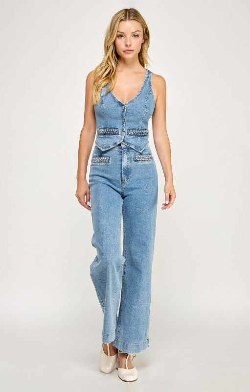 Denim Rope Detail Vest And Pocket Wide Pants Set