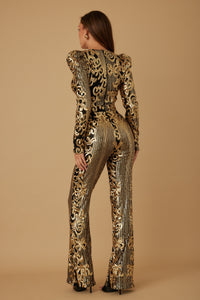 Versca Black Sequin Long-Sleeve Flared Jumpsuit