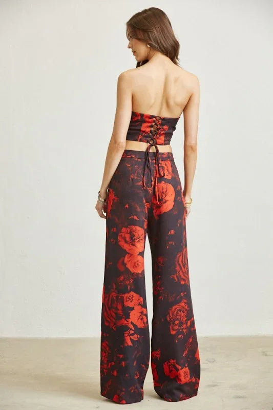 Red Roses Corset Top Pant 2-pc Set