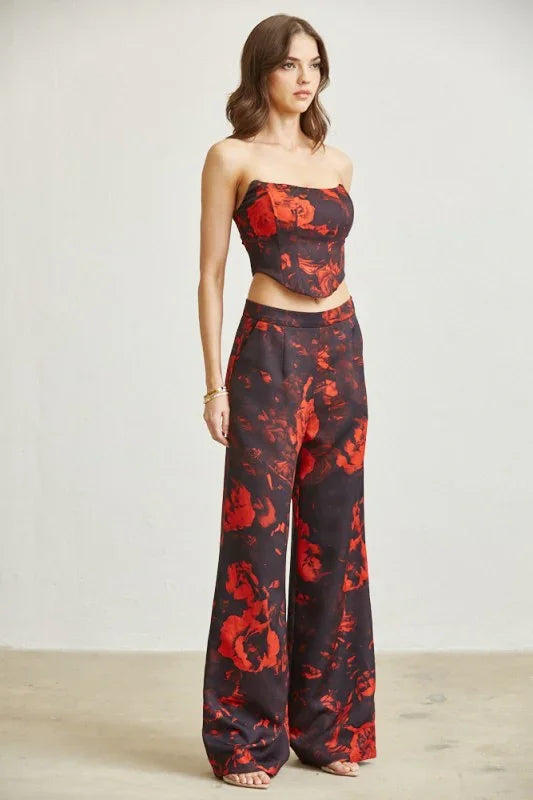 Red Roses Corset Top Pant 2-pc Set
