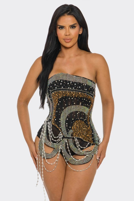 Pearl & Rhinestone Bandeau Top with Fishbone Support
