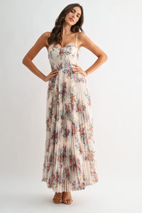 Pleated Floral Tulle Maxi Dress