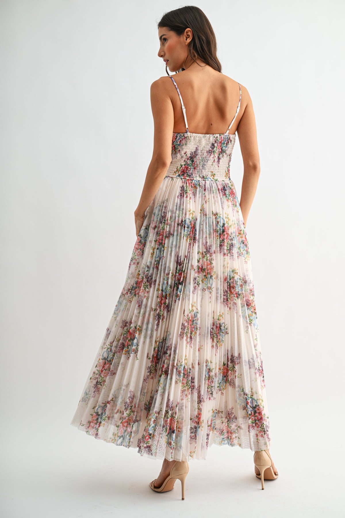 Pleated Floral Tulle Maxi Dress