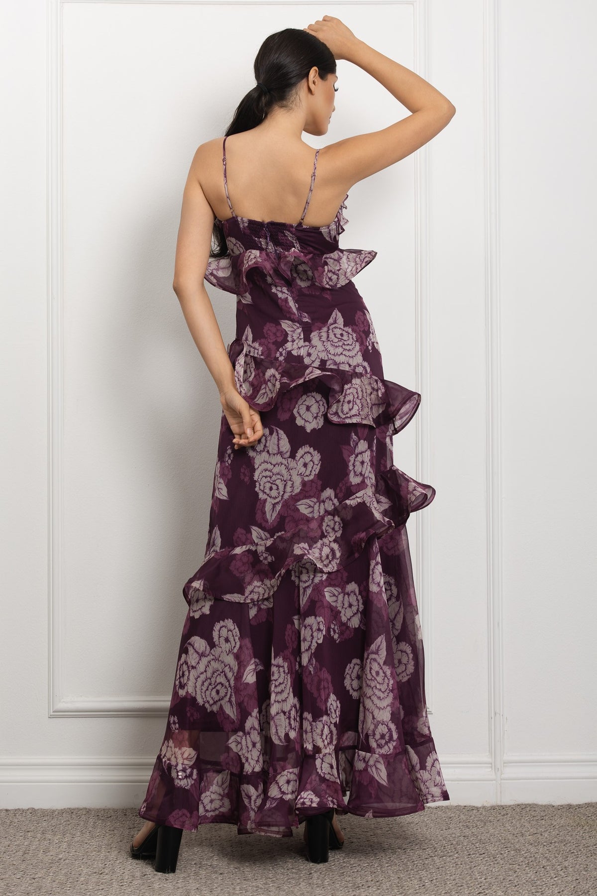 LILLI Flower Print Spaghetti Strap Ruffle Maxi Dress