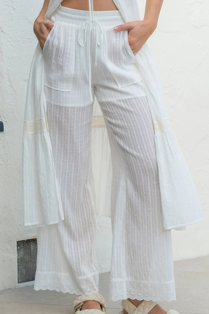 Off White Tie Front Lace Top And Pants Set