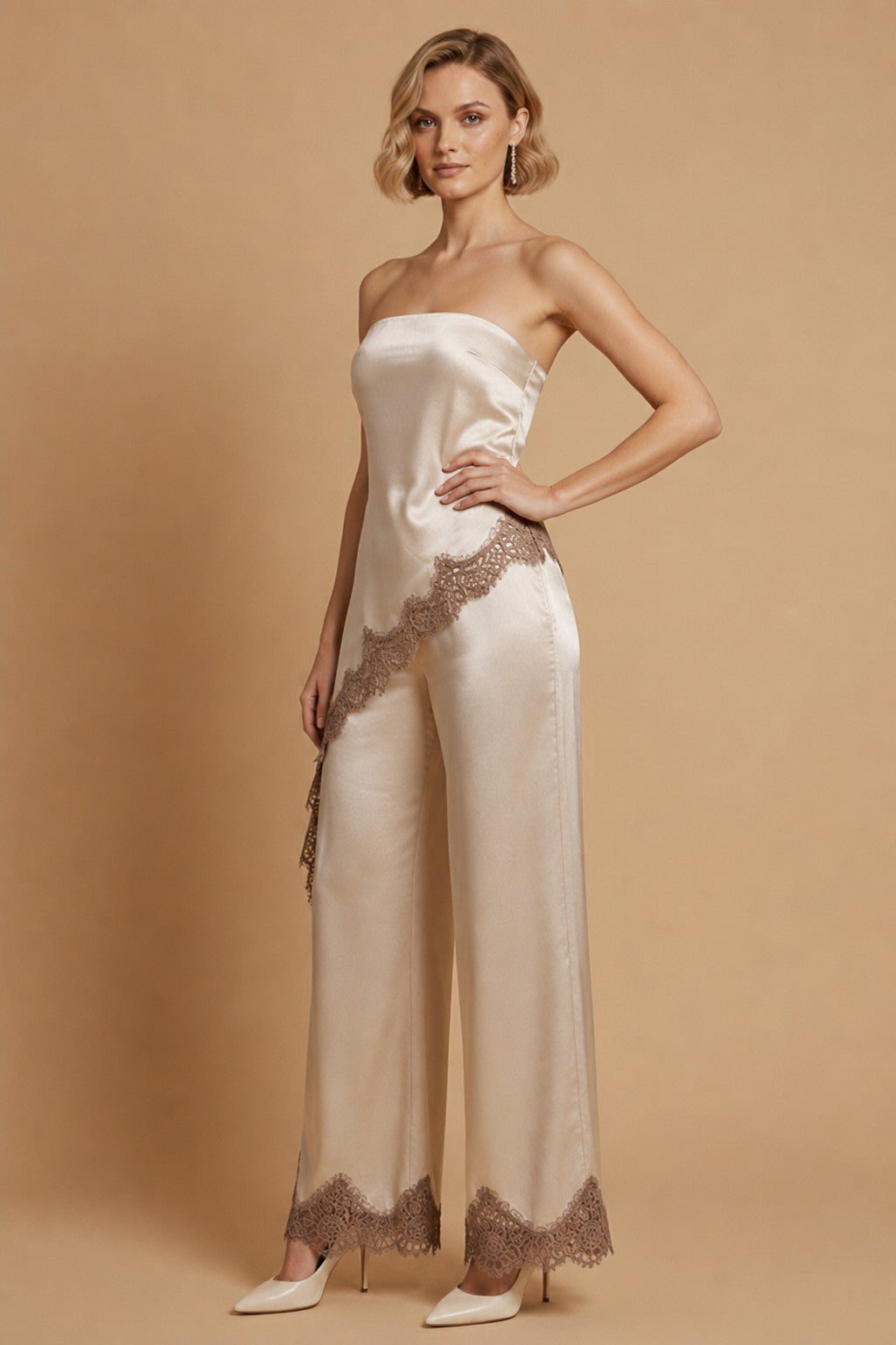 Champagne Satin & Lace Strapless Wide-Leg Pants Set
