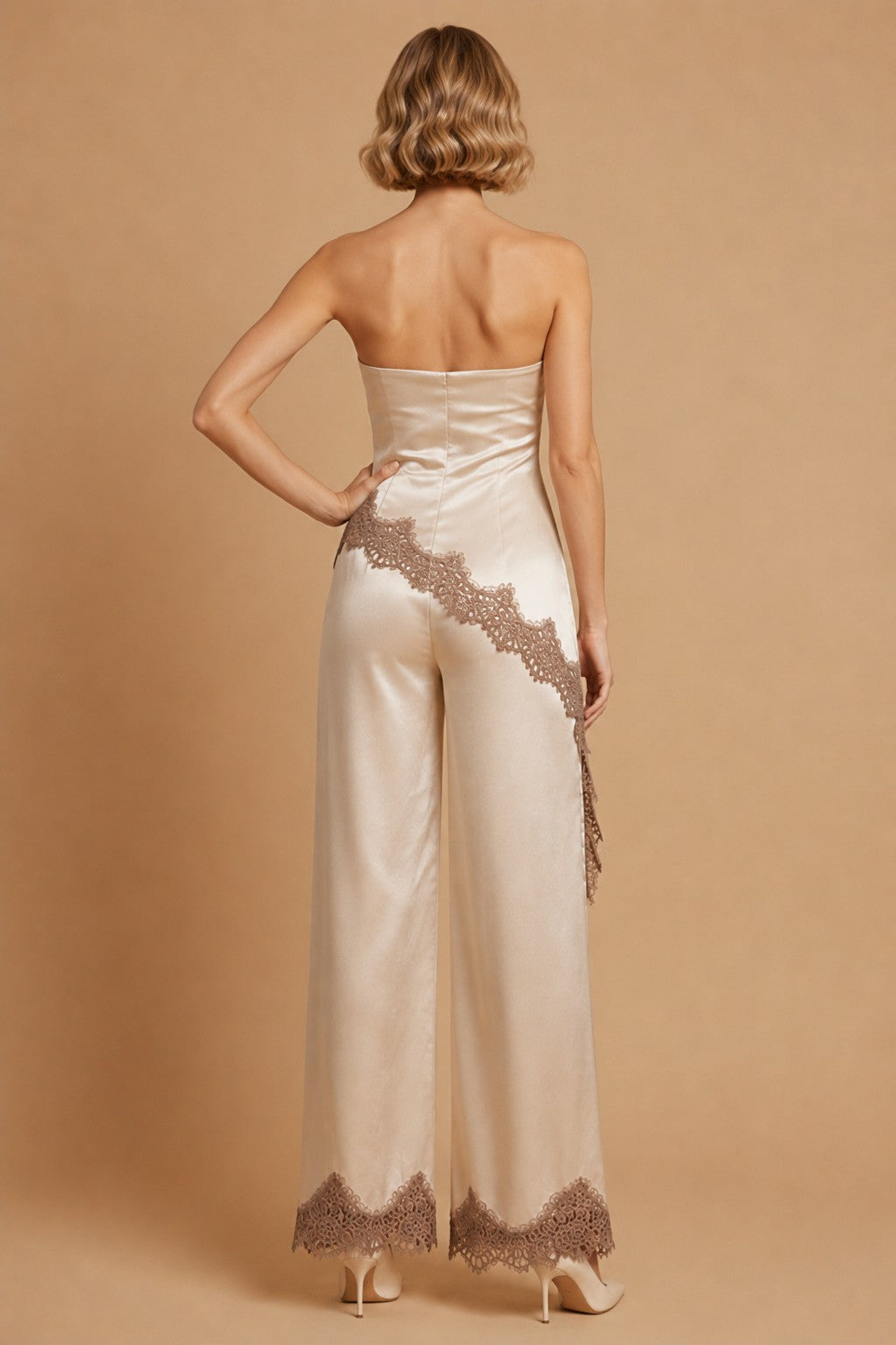 Champagne Satin & Lace Strapless Wide-Leg Pants Set