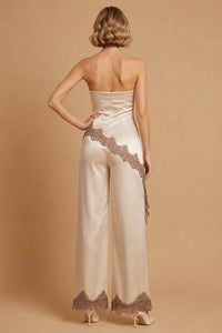 Champagne Satin & Lace Strapless Wide-Leg Pants Set