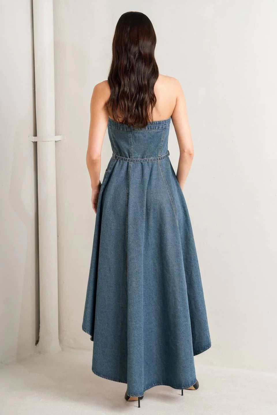 Strapless Denim High Low Midi Dress