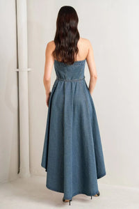 Strapless Denim High Low Midi Dress