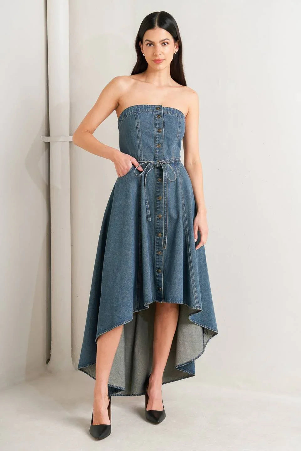 Strapless Denim High Low Midi Dress