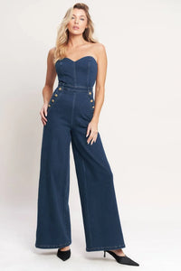 Washed Denim Strapless Wide Leg Jumpsuit
