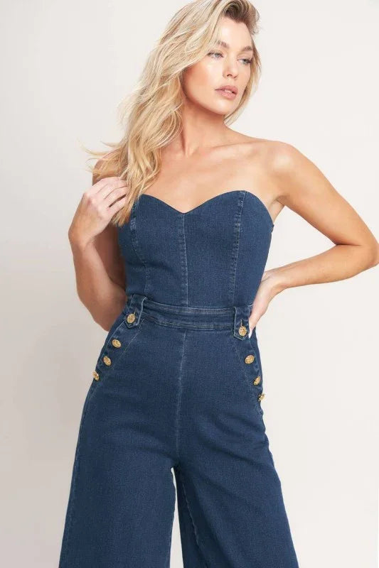 Washed Denim Strapless Wide Leg Jumpsuit