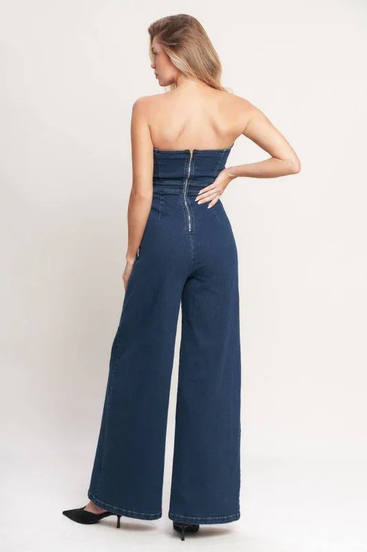 Washed Denim Strapless Wide Leg Jumpsuit