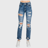Destroyed Super High Rise Slim Straight Jeans — Medium Wash