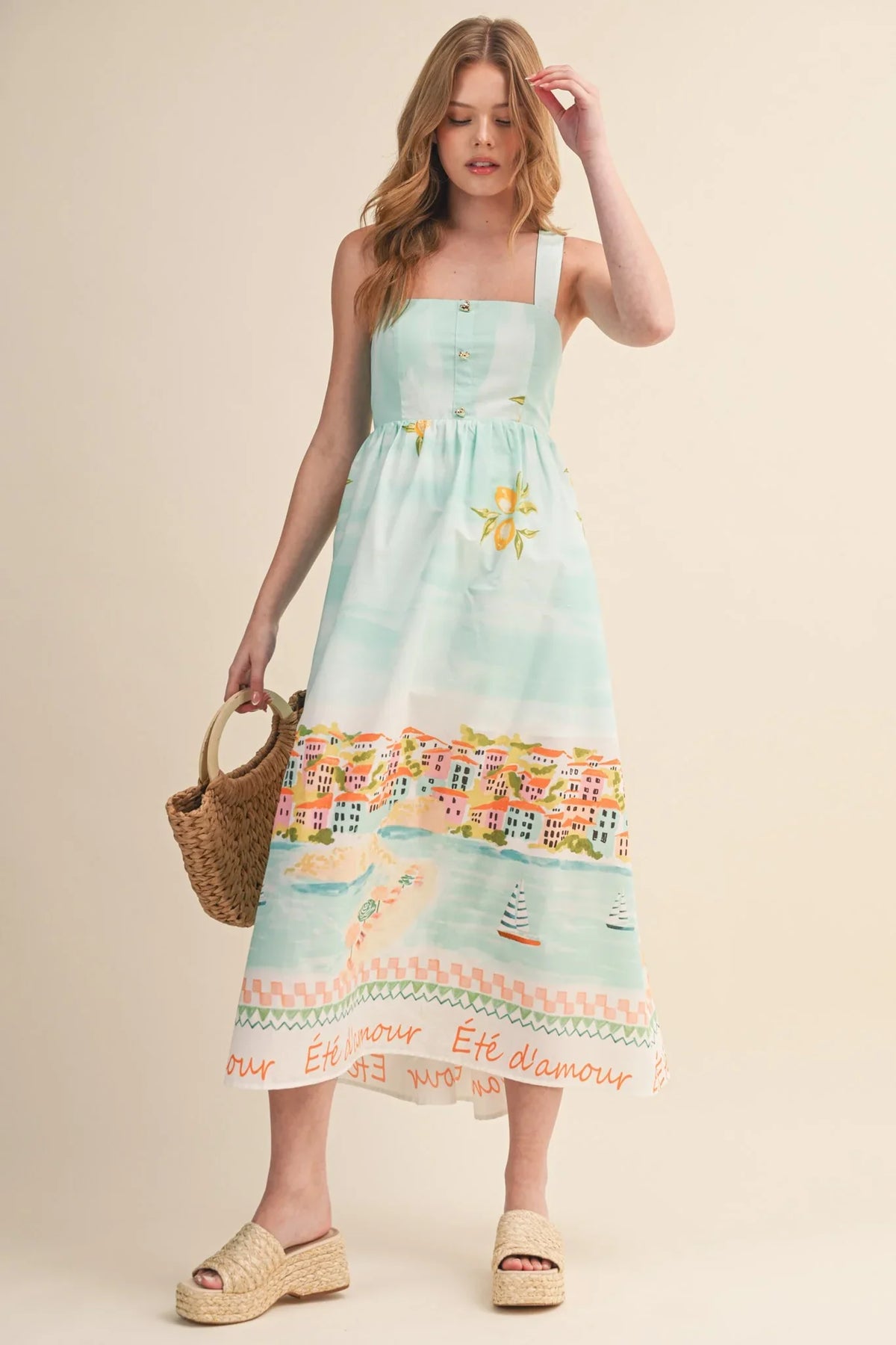 Landscape Prt Tying Bow Midi Dress