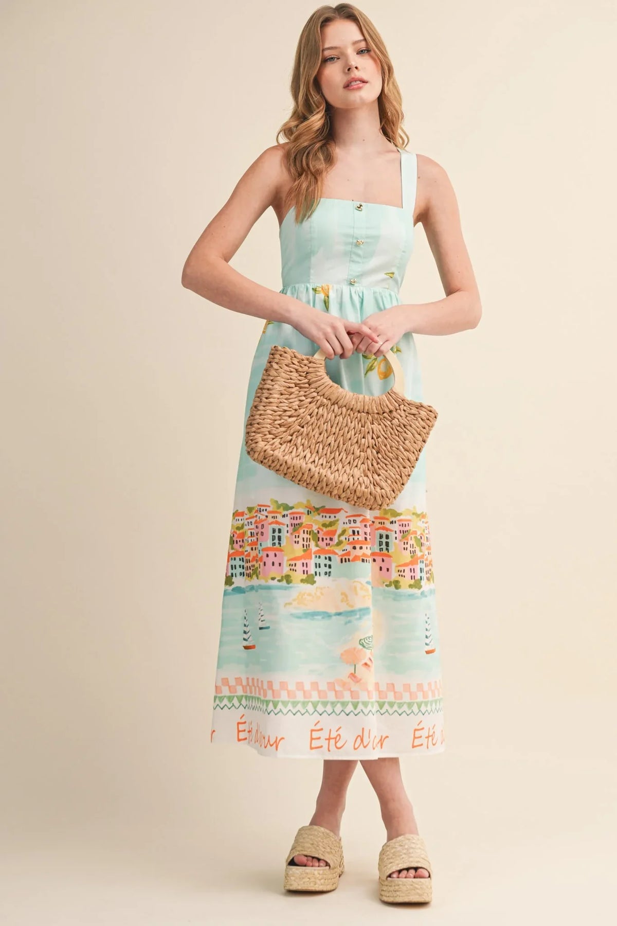 Landscape Prt Tying Bow Midi Dress