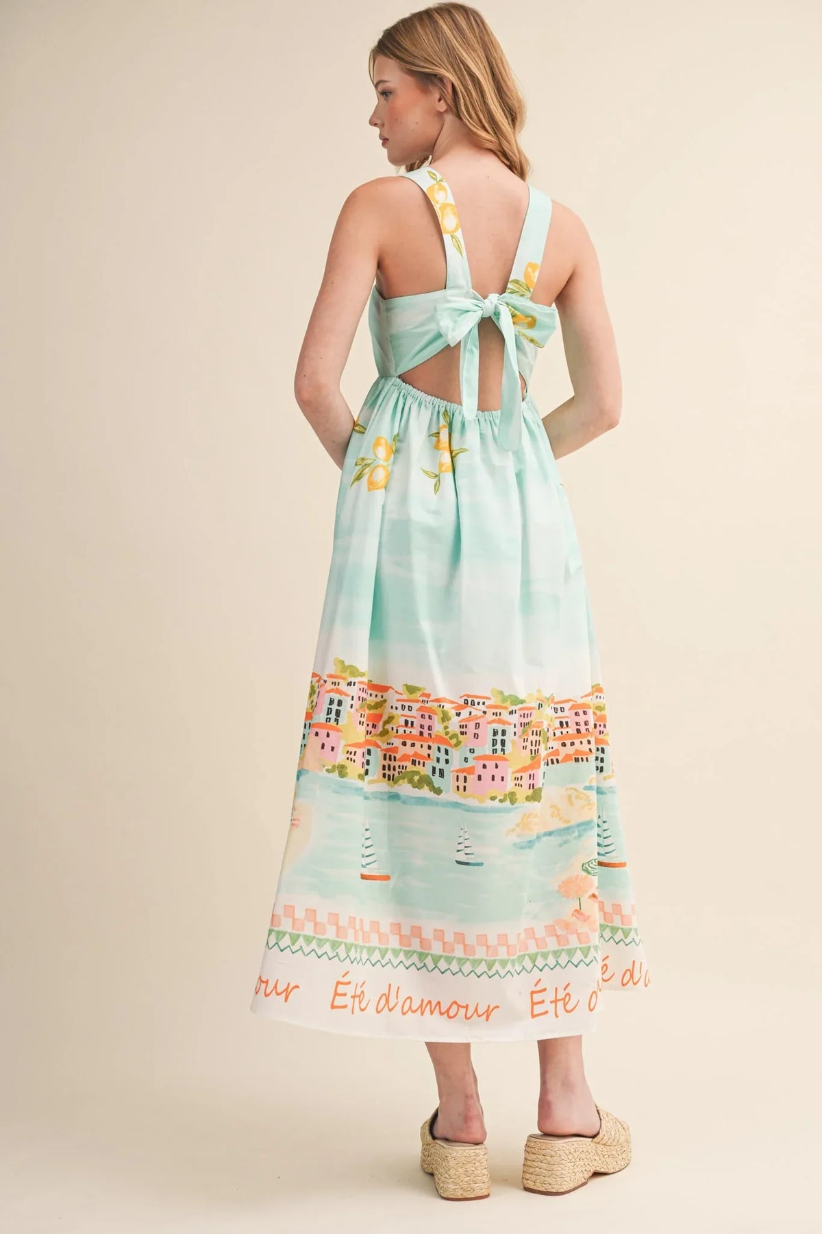 Landscape Prt Tying Bow Midi Dress