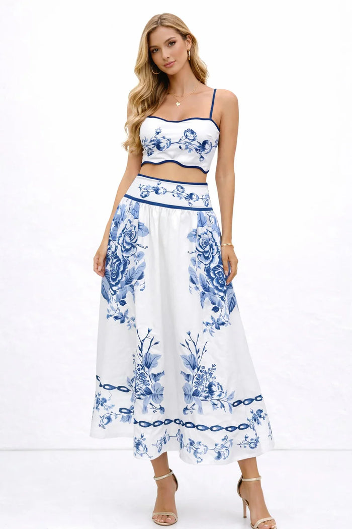 Linen Straps Smocking Top Maxi Pockets Skirt