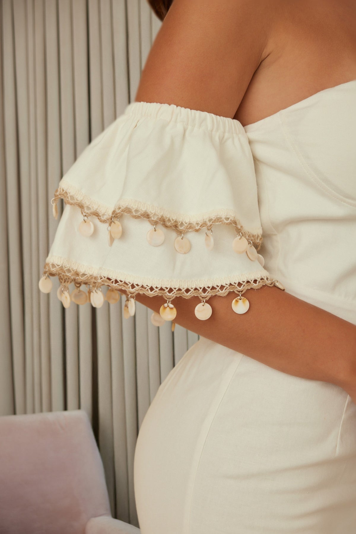 Boho Paillette Trim Off Shoulder Mini Dress