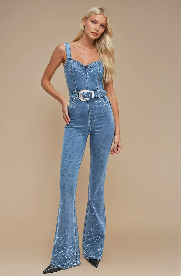 RHINESTONE DENIM JUMPSUIT
