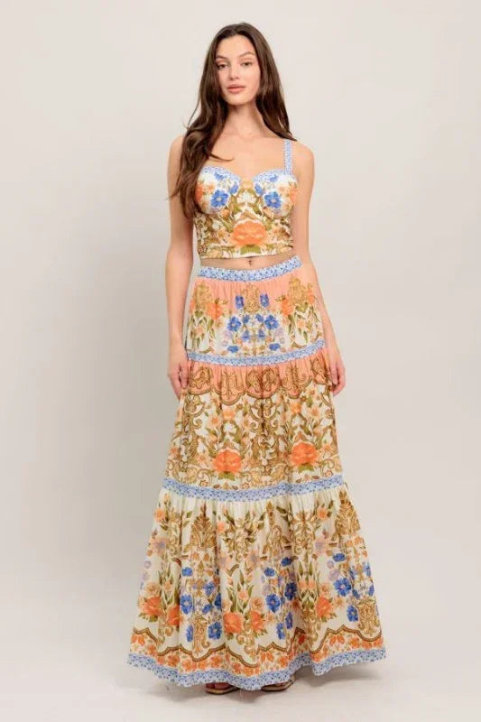 Printed Woven Bustier Top and Tiered Maxi Skirt Set
