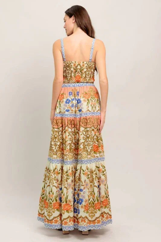 Printed Woven Bustier Top and Tiered Maxi Skirt Set