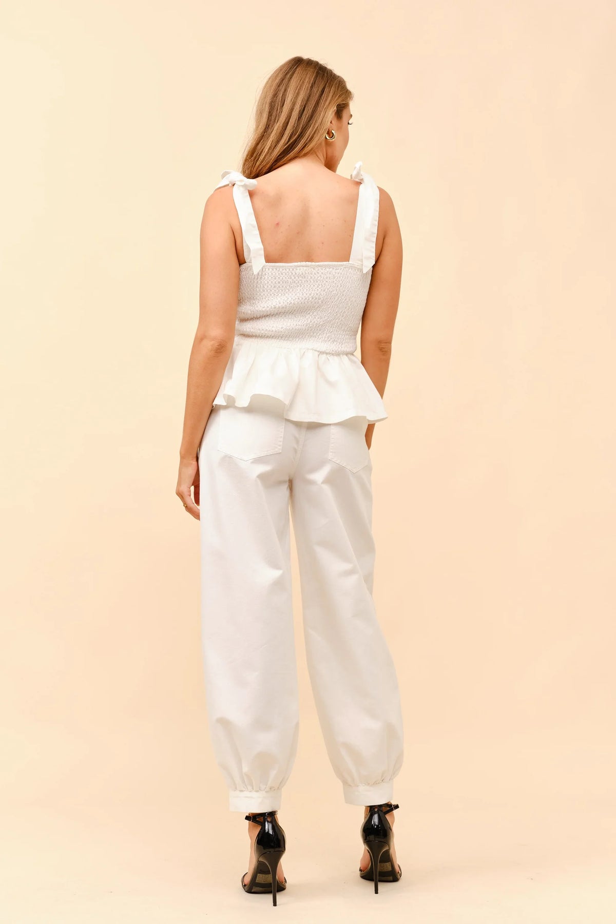 Smocked Denim Set With Tie-shoulder Top