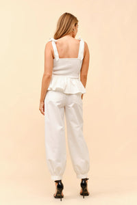 Smocked Denim Set With Tie-shoulder Top