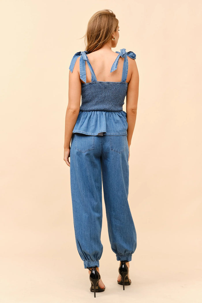 Smocked Denim Set With Tie-shoulder Top