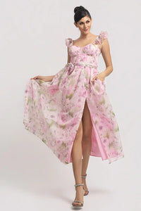 Ruffle Shoulder Strap Floral Midi Dress with Corset Top