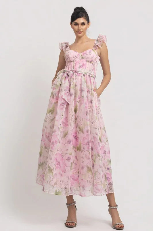 Ruffle Shoulder Strap Floral Midi Dress with Corset Top