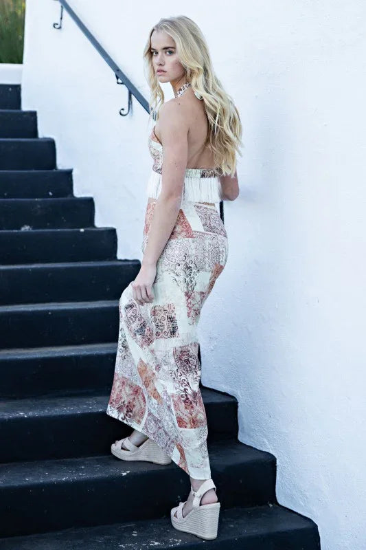 Fringe Hem Top + Maxi Skirt Printed Set