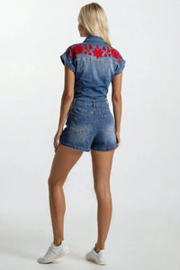 Western Embroidered Belted Denim Romper
