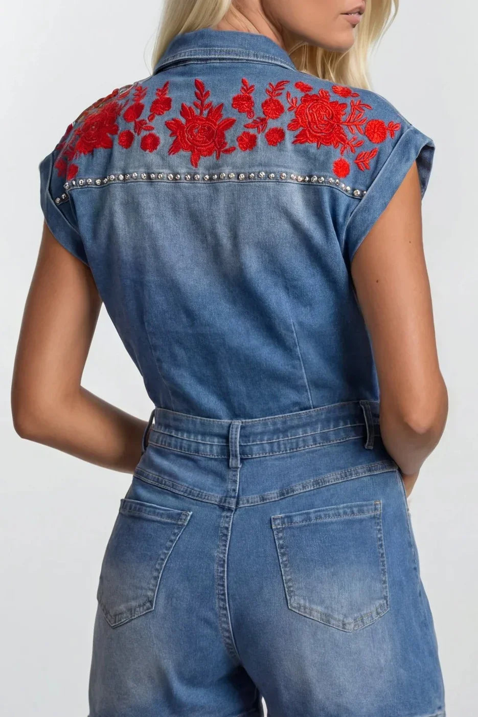 Western Embroidered Belted Denim Romper
