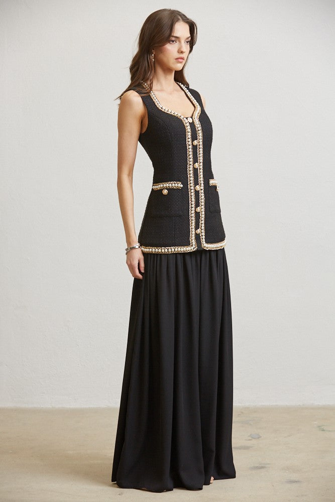 Black Gold-Trim Button-Detail Maxi Dress
