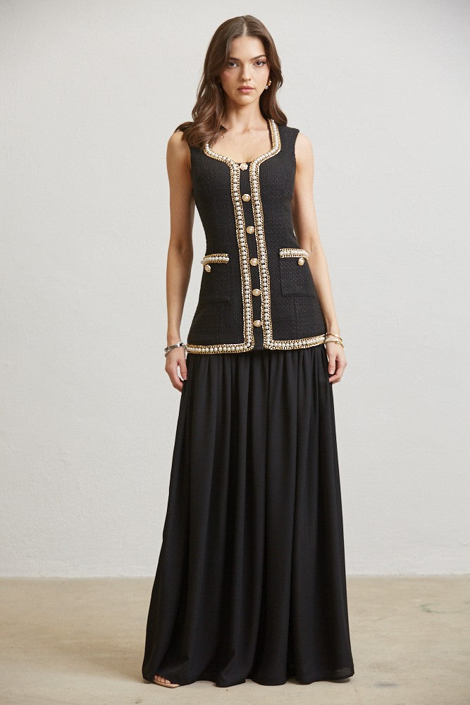 Black Gold-Trim Button-Detail Maxi Dress