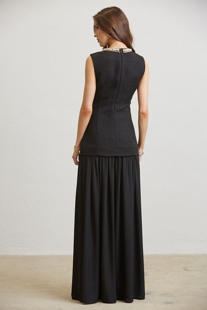 Black Gold-Trim Button-Detail Maxi Dress
