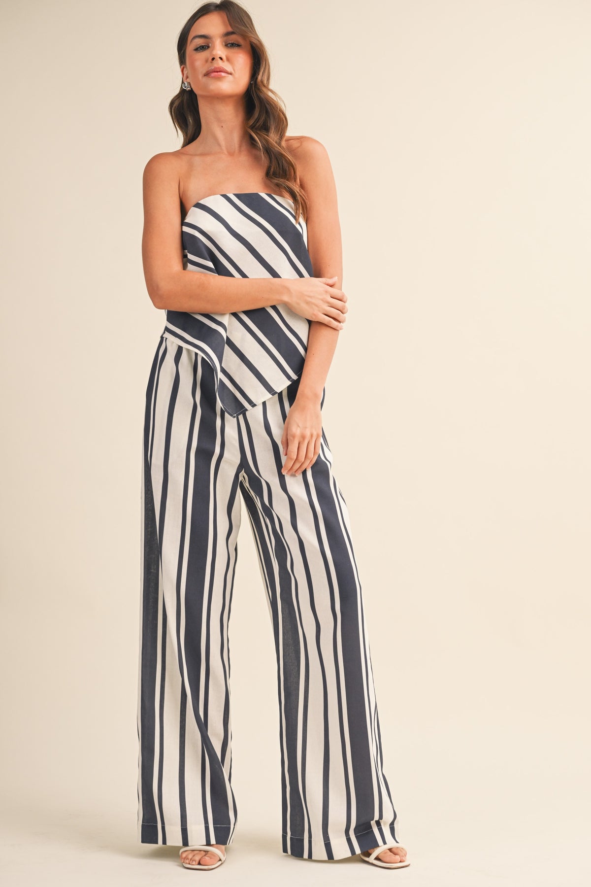 Striped Linen Tube Top And Wide Leg Pants Set