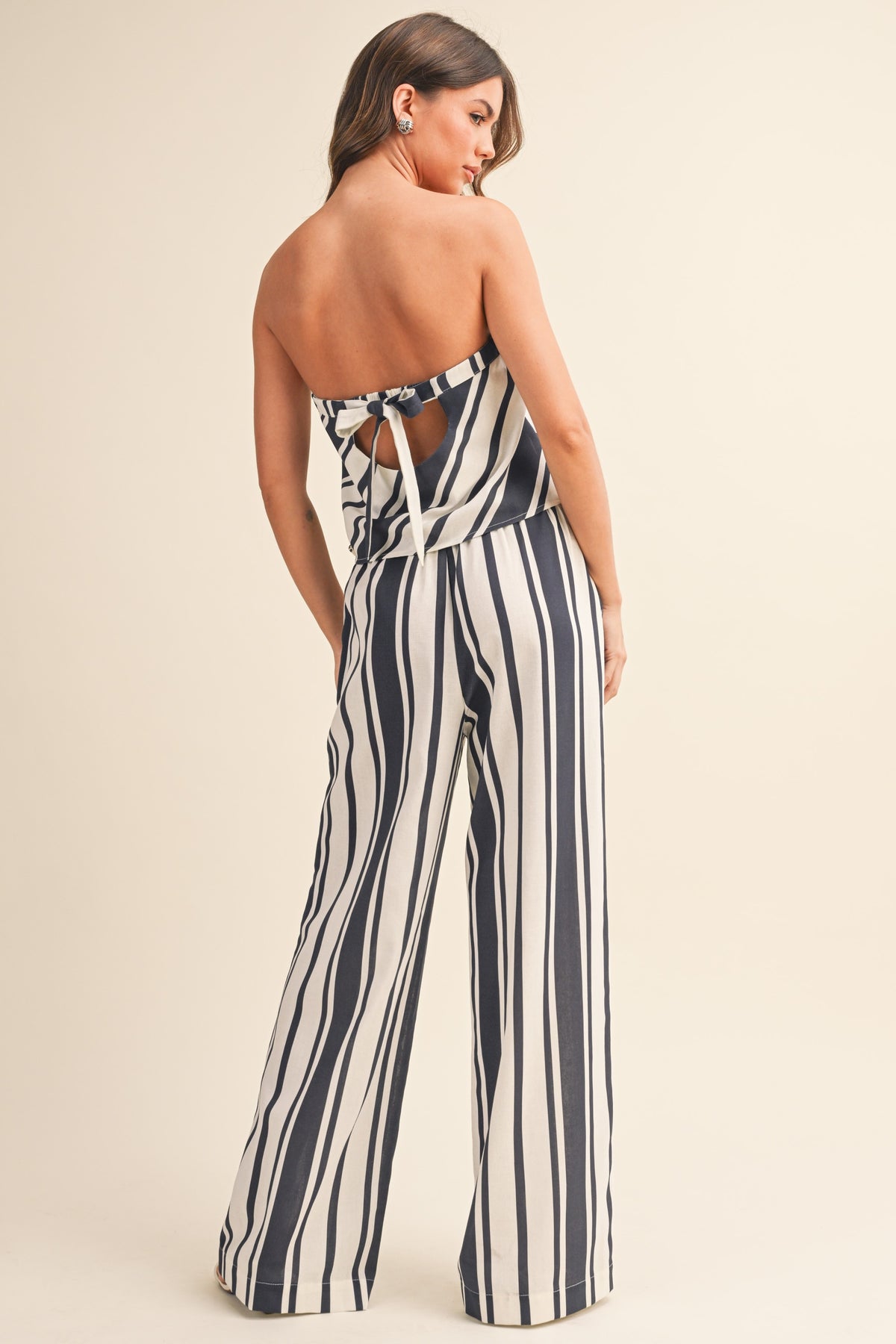 Striped Linen Tube Top And Wide Leg Pants Set